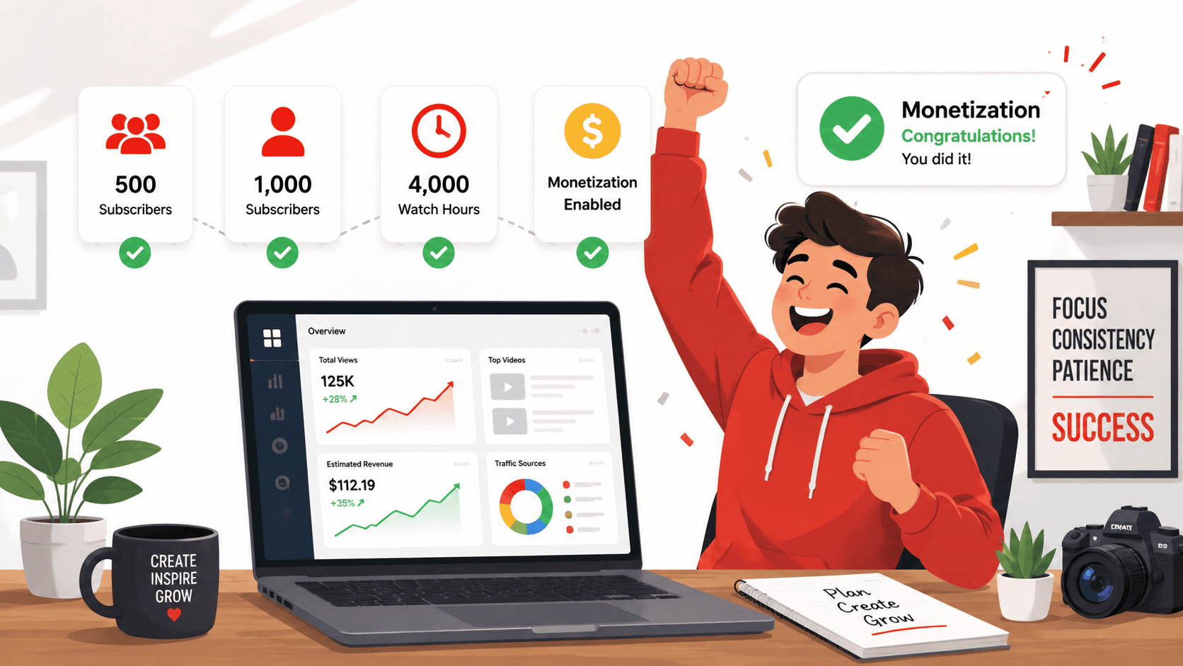 Illustration showing a creator reaching YouTube monetization milestones with subscriber, watch-hour and earnings progress.
