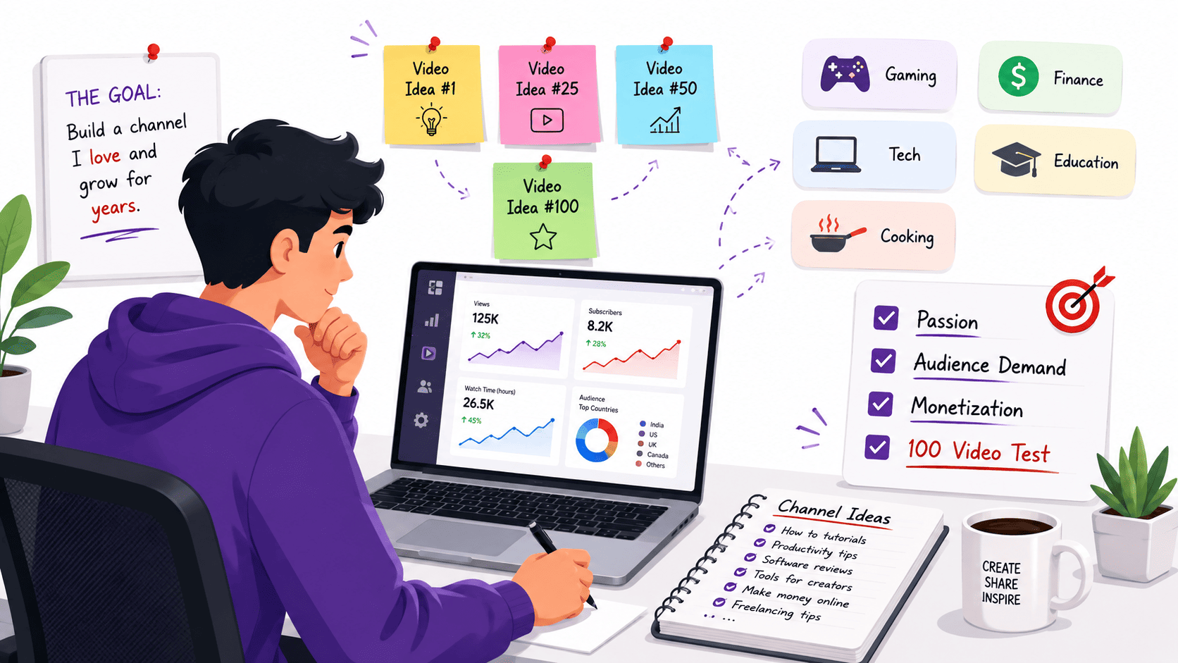 Brainstorming workspace with mind map showing potential YouTube niche ideas