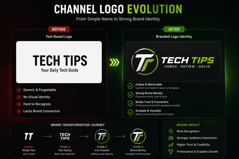 Channel name evolution showing transformation into cohesive brand