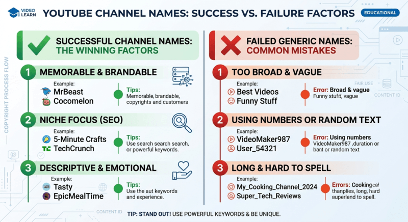 Comparison of good vs bad YouTube channel names with checkmarks and X marks