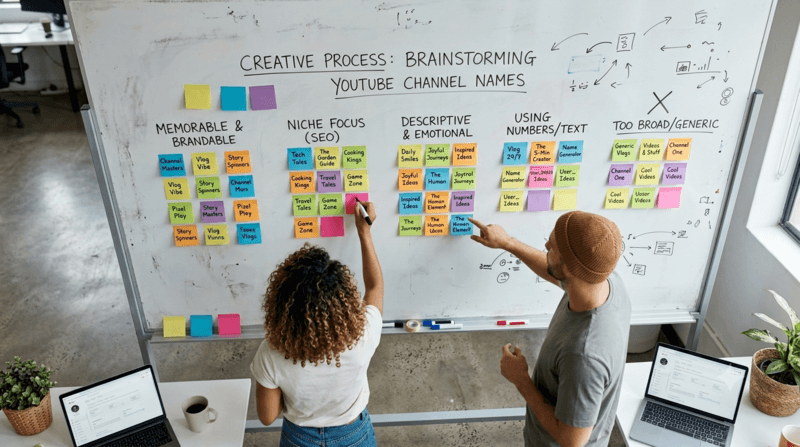 Brainstorming workspace with channel name ideas on sticky notes
