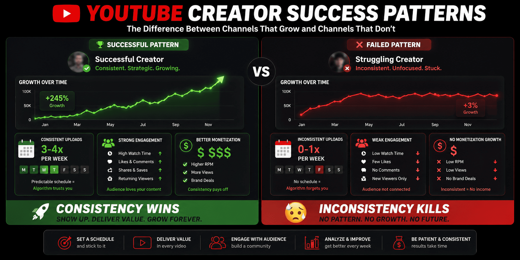 Creator success patterns showing consistent growth vs burnout