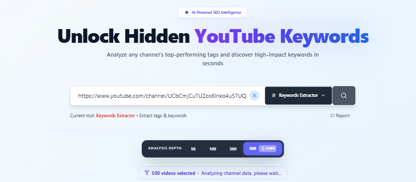 Keywords Extractor overview showing top recurring keywords across Cocomelon's recent uploads, ranked by frequency