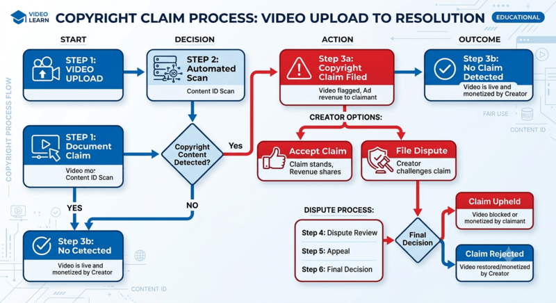 Flowchart showing copyright claim process from upload to resolution