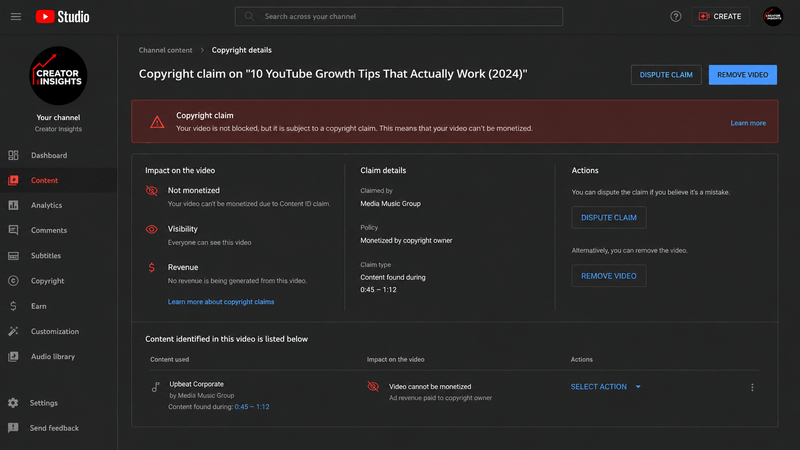 YouTube Studio showing copyright claim notification