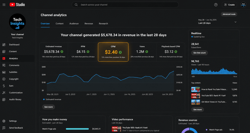 YouTube Analytics dashboard showing CPM metric