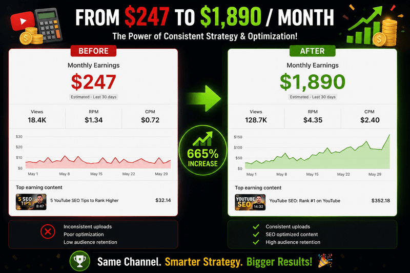 Before and after earnings comparison showing revenue growth from CPM optimization