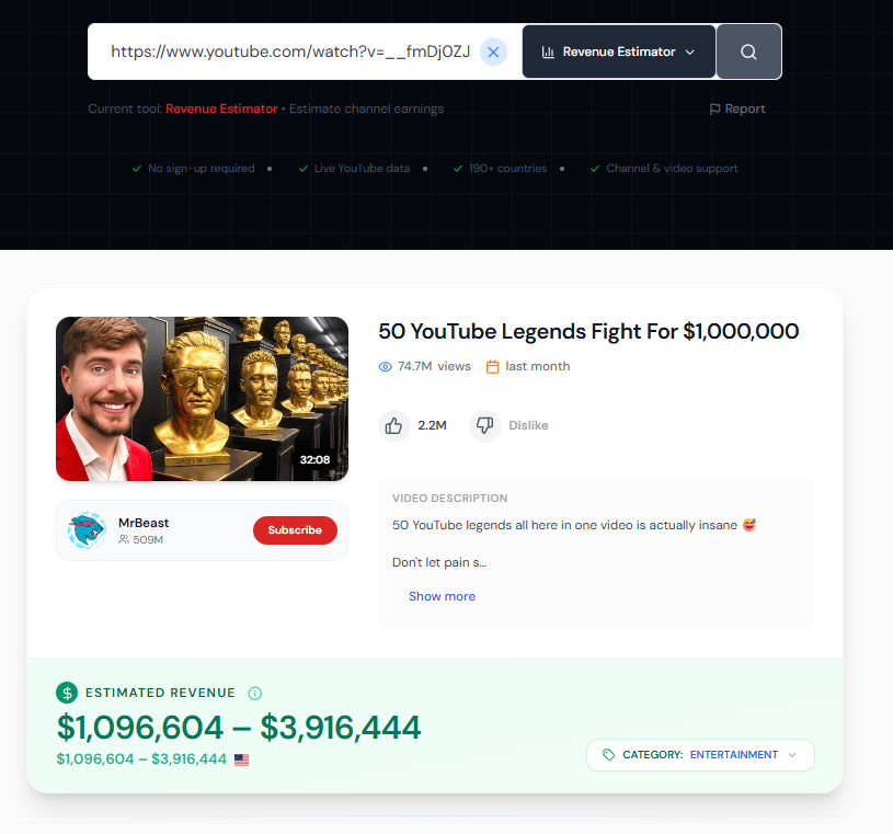 Screenshot of the YTKits Revenue Estimator showing estimated earnings for a channel based on category, audience country, and video duration