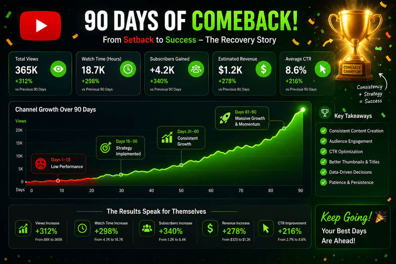 Channel analytics showing recovery and growth over 90 days