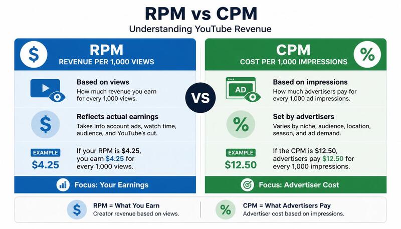 Side-by-side comparison showing RPM versus CPM revenue metrics for YouTube creators