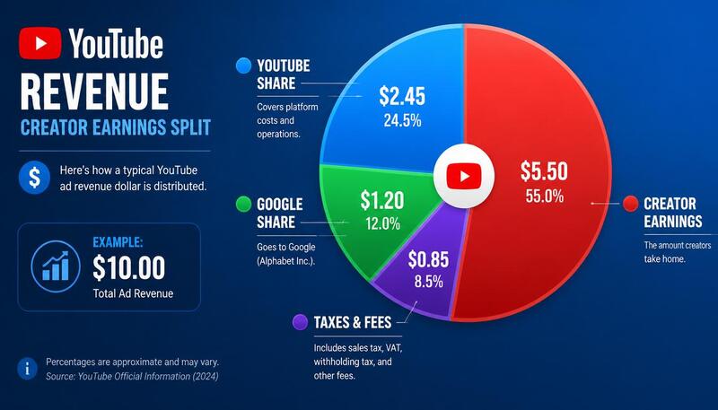YouTube revenue breakdown showing creator earnings split and payment structure