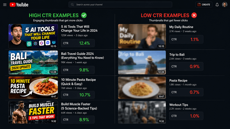 Side-by-side comparison showing low CTR vs high CTR YouTube thumbnail designs