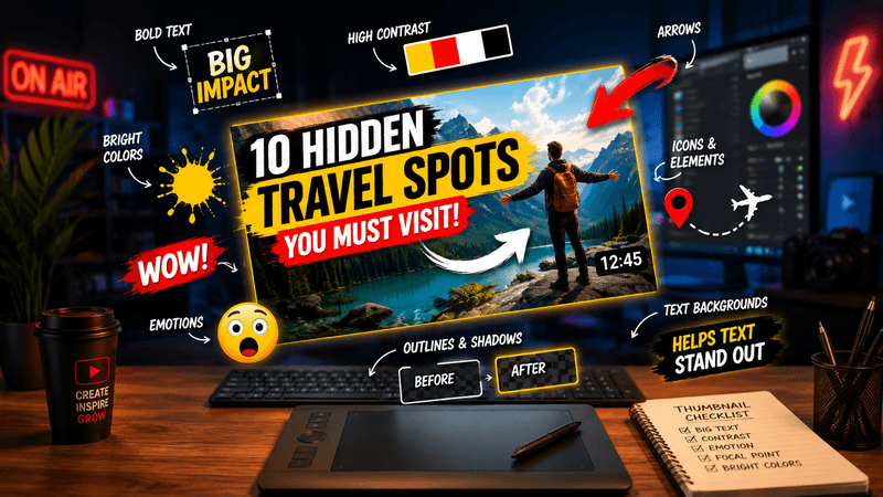 Key thumbnail design elements breakdown showing composition, text placement, and color contrast