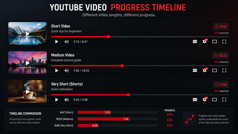 Multiple YouTube video progress bars showing different lengths
