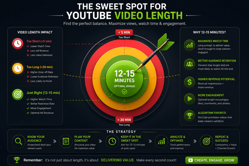 Target diagram showing optimal video length sweet spot at 8-14 minutes