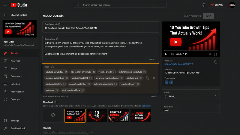 YouTube video upload interface with tags section highlighted